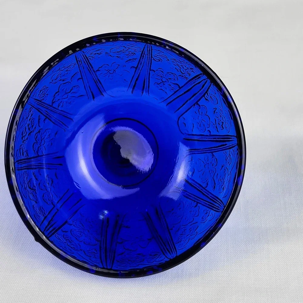 VTG Butter/Cheese Dish Cobalt Blue Glass Cherry Blossom Embossed Scalloped Edge